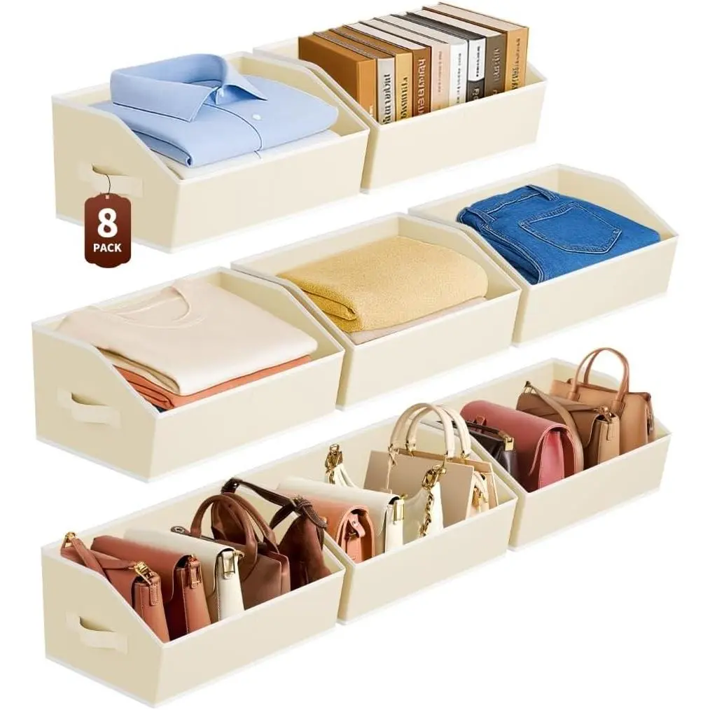 Large Closet Organizers and Storage Bins - 8 Pack Trapezoid Storage Baskets for Shelves, Foldable Fabric Baskets with Handles Ideal for Closet, Basket, Wardrobe and Shelf Storage, Beige