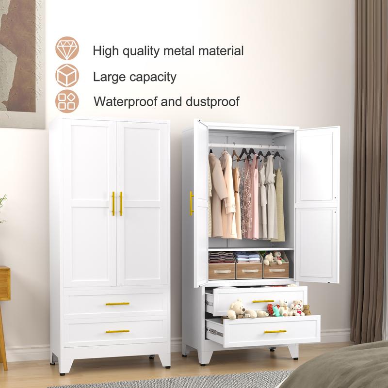 Metal Wardrobe Closet with 2 Doors & 2 Drawers, 71"" Tall Armoire Wardrobe Closet with Hanging Rods and Adjustable Shelf, Steel Wardrobe Storage Cabinet for Bedroom, Large mothersdaygift