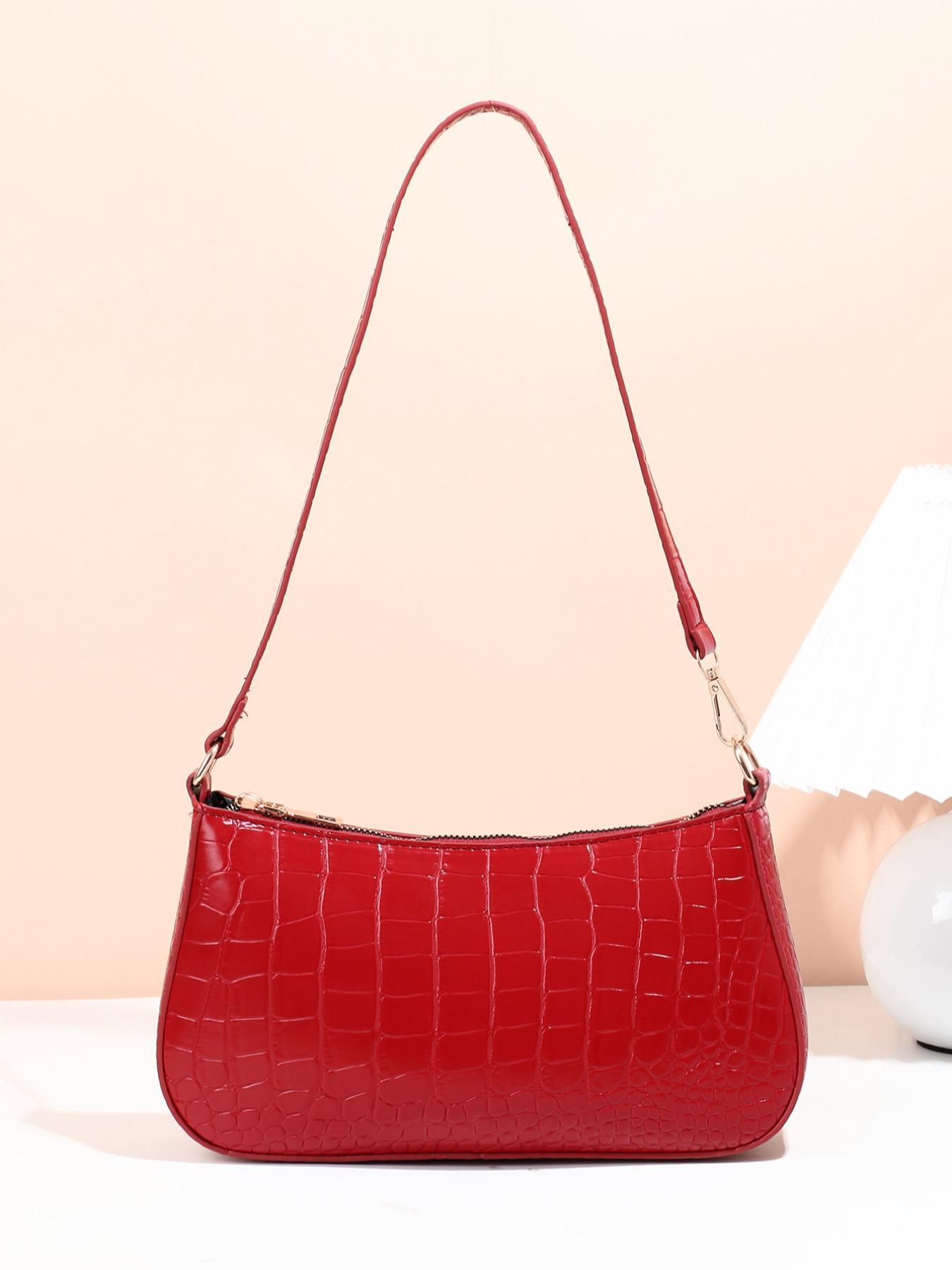 Women's Fashion Plain Crocodile Pattern Hobo Bag, Pu Leather Shoulder Bag with Adjustable Strap, Baguette Bag Gift for Girl Women, Fall Outfits, Fall Freshness
