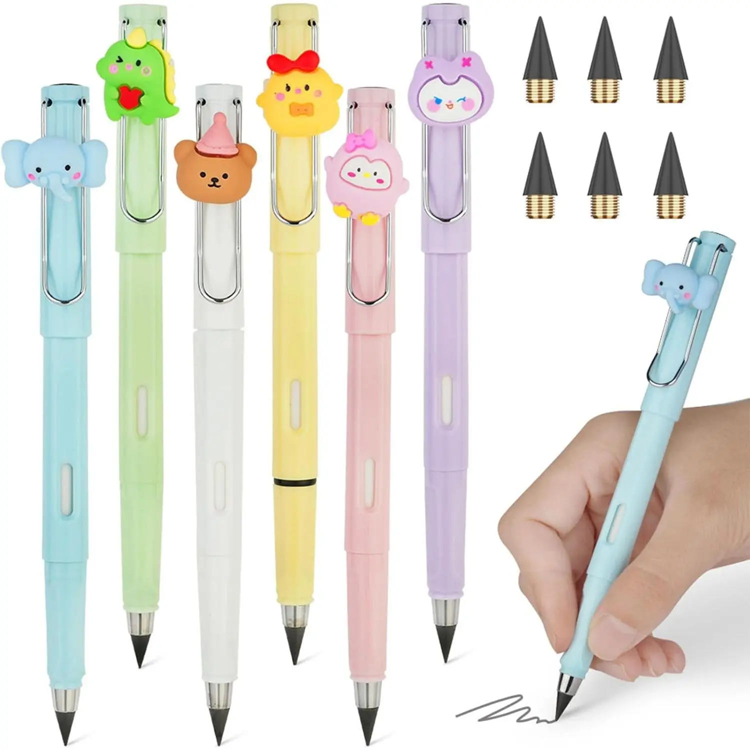 6 Sets Infinity Pencil Reusable Inkless Pencil No Sharpen Everlasting Pencil with Extra 6 Replaceable Nibs and 6 Cute Pencil Cups Infinite Pencil  Writing Drawing Home Office School Supplies