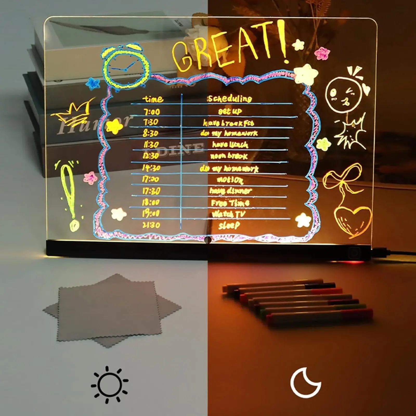 7 Color LED Light Up Message Board with Markers & Stand, Acrylic Dry Erase Illuminated Memo Wordpad, Christmas & Halloween Gifts, Creative Glow Drawing Board for Desk, Office, Cafe, School & Home Decor, Glowing Led Lights