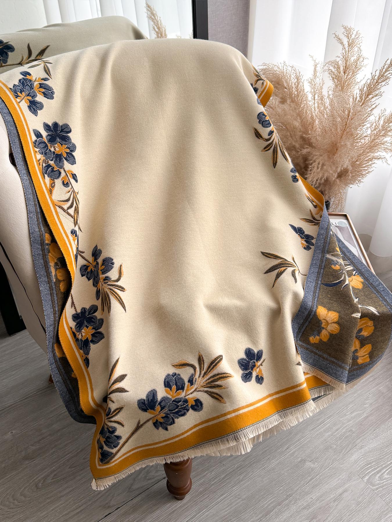 Elegant Floral Knit Scarf for Women, Boho Style Double-Sided Shawl, Fall & Winter Warm Daily Wear, Fitted Design