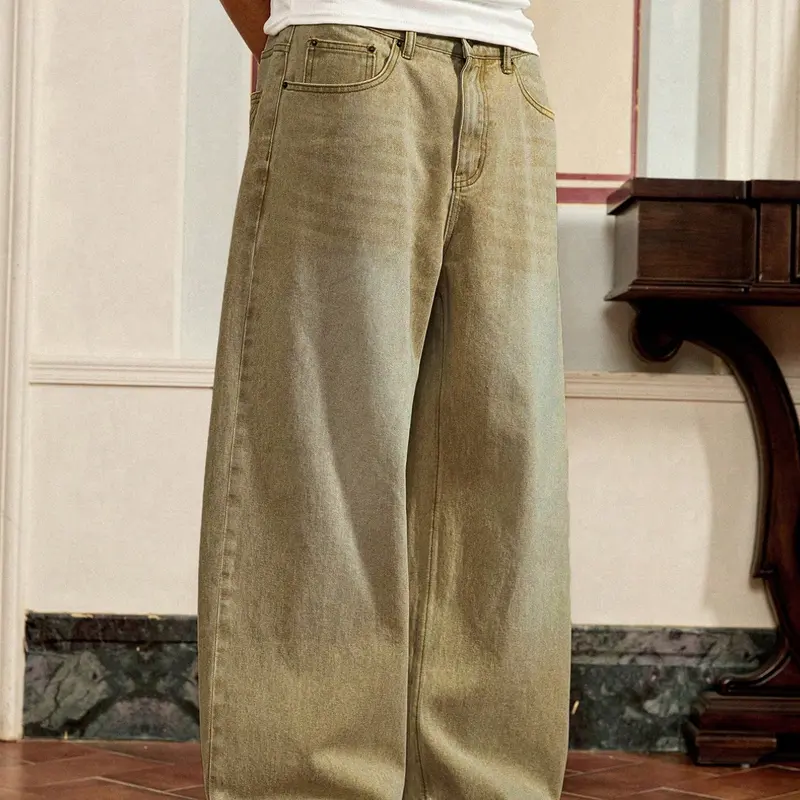 Men's High Street Style Vintage Washed Loose Fit Jeans, Loose Boyfriends Jeans, Trendy Distressed Wide-Leg Trousers, Versatile Fashion Apparel