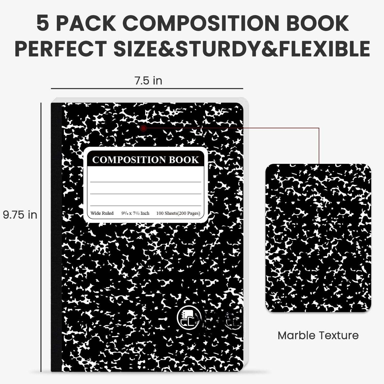 Marble Composition Notebook, 5-Pack Bulk Composition Notebooks Wide Ruled, 100 Sheets (200 Pages) 7-1/2" x 9-3/4" Marble Notebooks Wide Ruled, Classroom  Haves-School Supplies College.