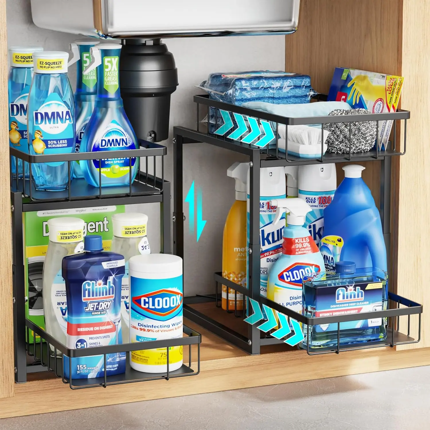 Under Kitchen Sink Organizer - 2 Tier Pull Out Shelf, 2 Pack |   Reach Back Items, 2 Tier Slide, Disposal Fit, For 30-36 Inch Sink Base, 44 Lb Metal Frame, Daily Use, 2 Pack Black