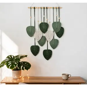 Bohemian Leaf - Shaped Woven Wall Hanging 39x15" | Handmade Macrame Tapestry with Wooden Beads | Green Boho Decor for Living Room, Bedroom | Perfect Gift for Wedding, Christmas, Halloween & More