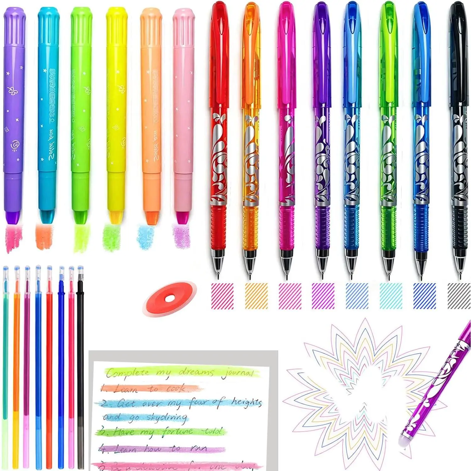 Highlighters and Erasable Pens No Bleed ,23 pcs,6 x Gel Highlighters, 8 x 0.5mm Erasable Pens with 8 x Refills and 1 x Eraser  for  Study Journaling Planner Notes School Supplies.