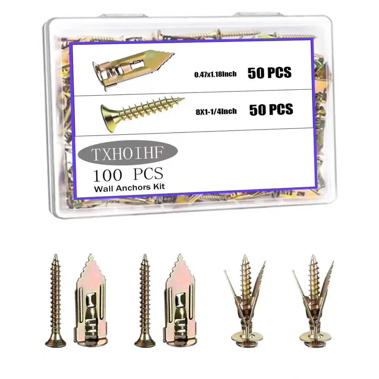 Self Drilling with Screws Kit 100Pcs- 50 50 Zinc Expansion Screws New Zinc Plated No or Holes in Wall,for Wall,Cabinets,Holds Up to 80LB