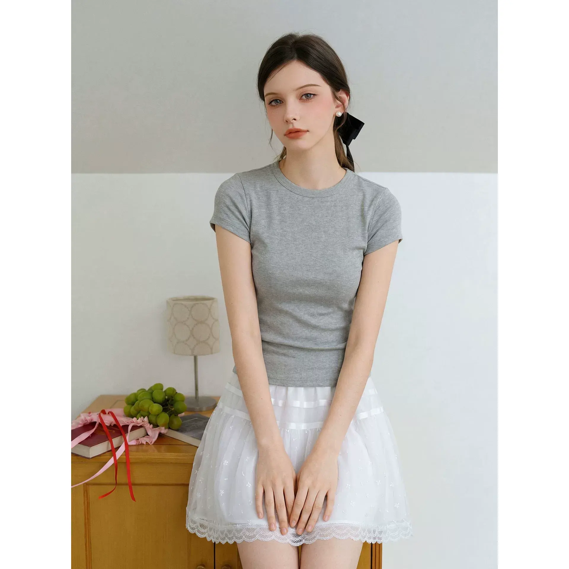 2026 3-piece set Women's Basic Stretchy Soft T-Shirts - Slim Fit Short Sleeve Round Neck Crop Top, Solid Casual Y2K Hot Girl Bodycon Tee for European American Daily Street Outfits