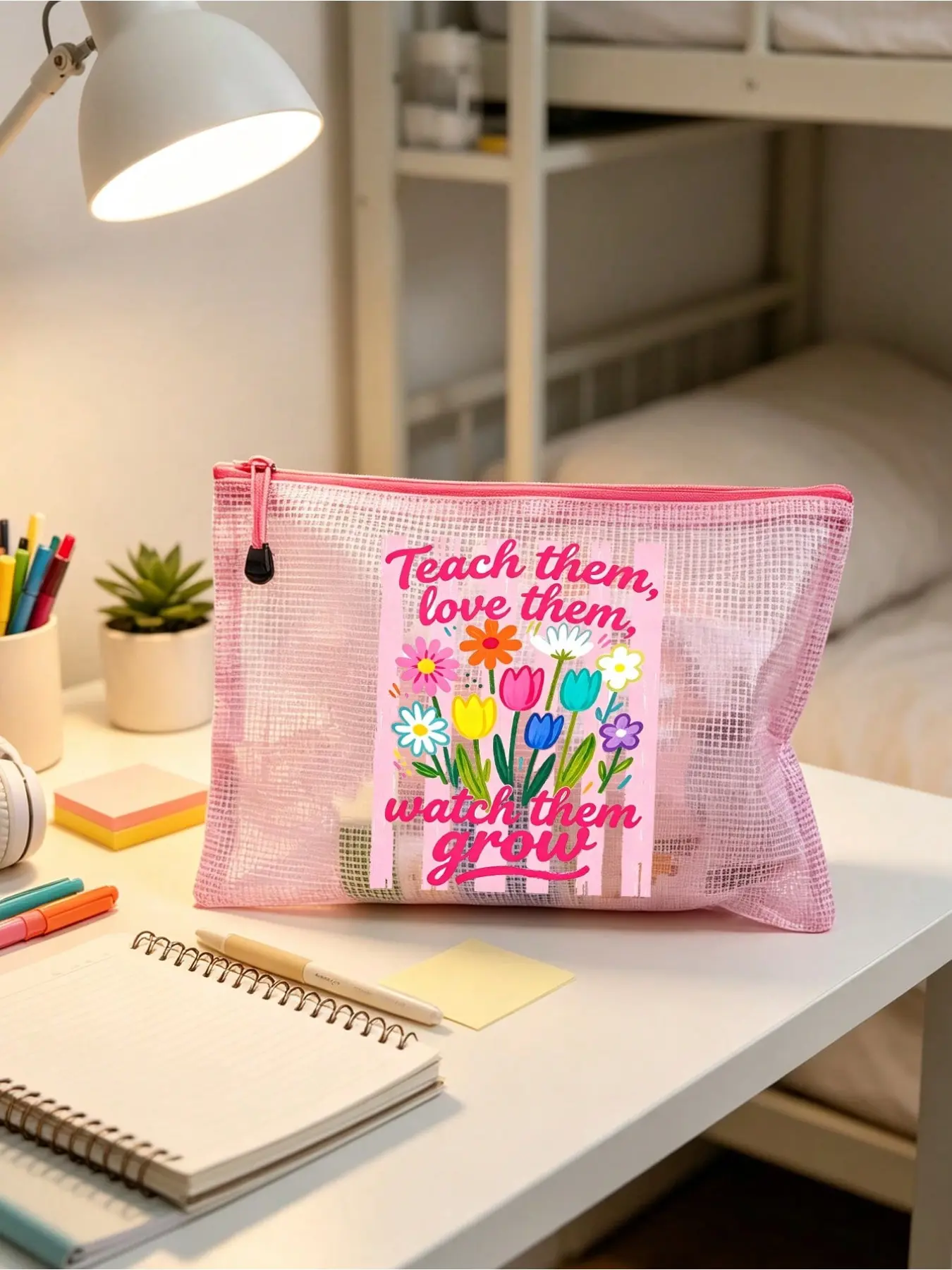 Large A4 Mesh Zipper Pouch for Teachers, Teach & Care Floral Print Multipurpose Storage Bag, Portable Organizer Case for Documents Stationery Cosmetics Board Games, Ideal Back to School Teacher’s Day Gift