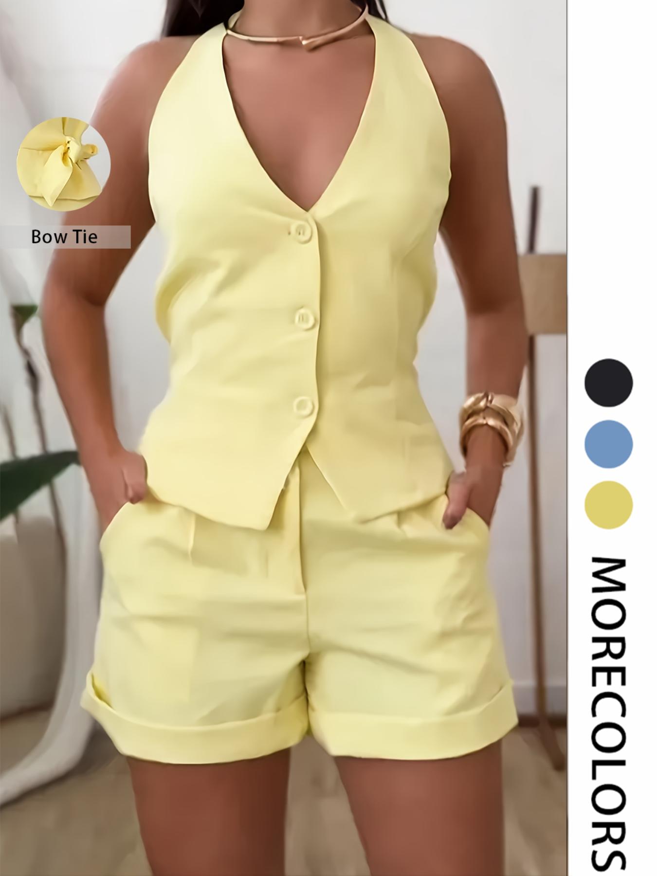 Two-piece Set Suits Women's Solid Color V Neck Fitted Button Front Vest Blazer & Shorts, Casual Sleeveless Top & Shorts for Daily Wear, Ladies Summer Clothes, Plunge Neck Top