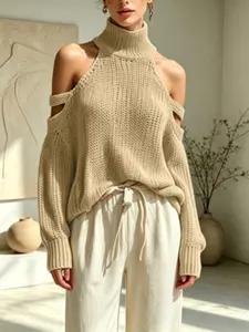 Turtleneck Cold Shoulder Knit Sweater Women Hollow Out Cutout Long Sleeve Loose Pullover,Fall Winter Daily Coffee Shop Date Casual Street Minimalist Neutral Aesthetic Outfit