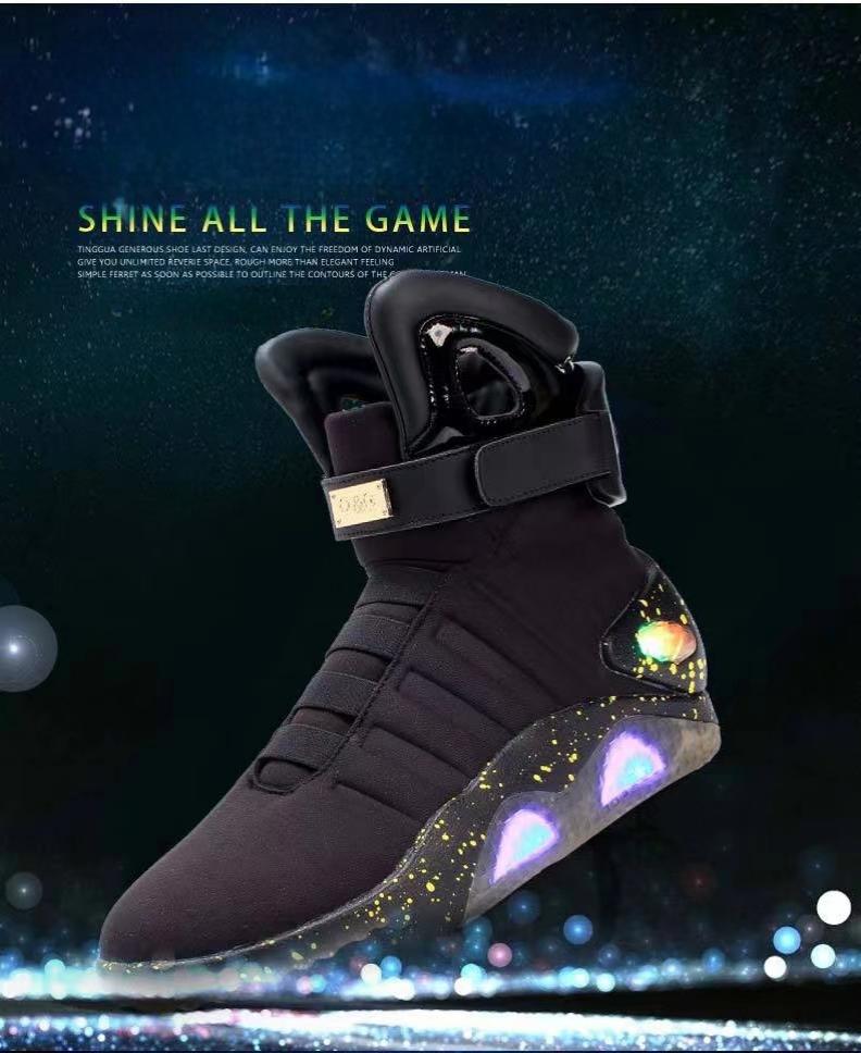 Stylish White USB-Rechargeable Glow-in-the-Dark High-Top Sneakers with Neon Lights & Stripes for Street Dancing & Nighttime Exercise back  to  the  future  shoes