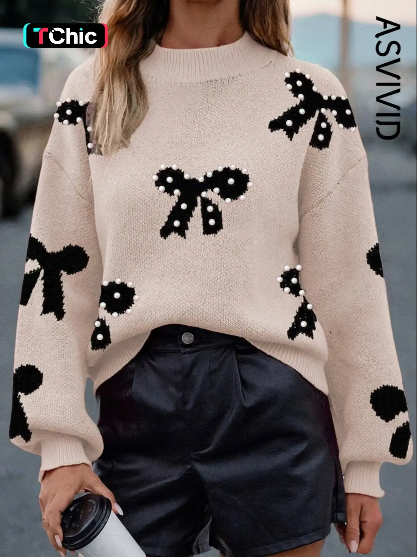 Women's Casual Pearl Embellished Bow Pattern Sweater Pullover, Stylish Knitted Top for Daily Wear, Comfortable and Trendy Fashion