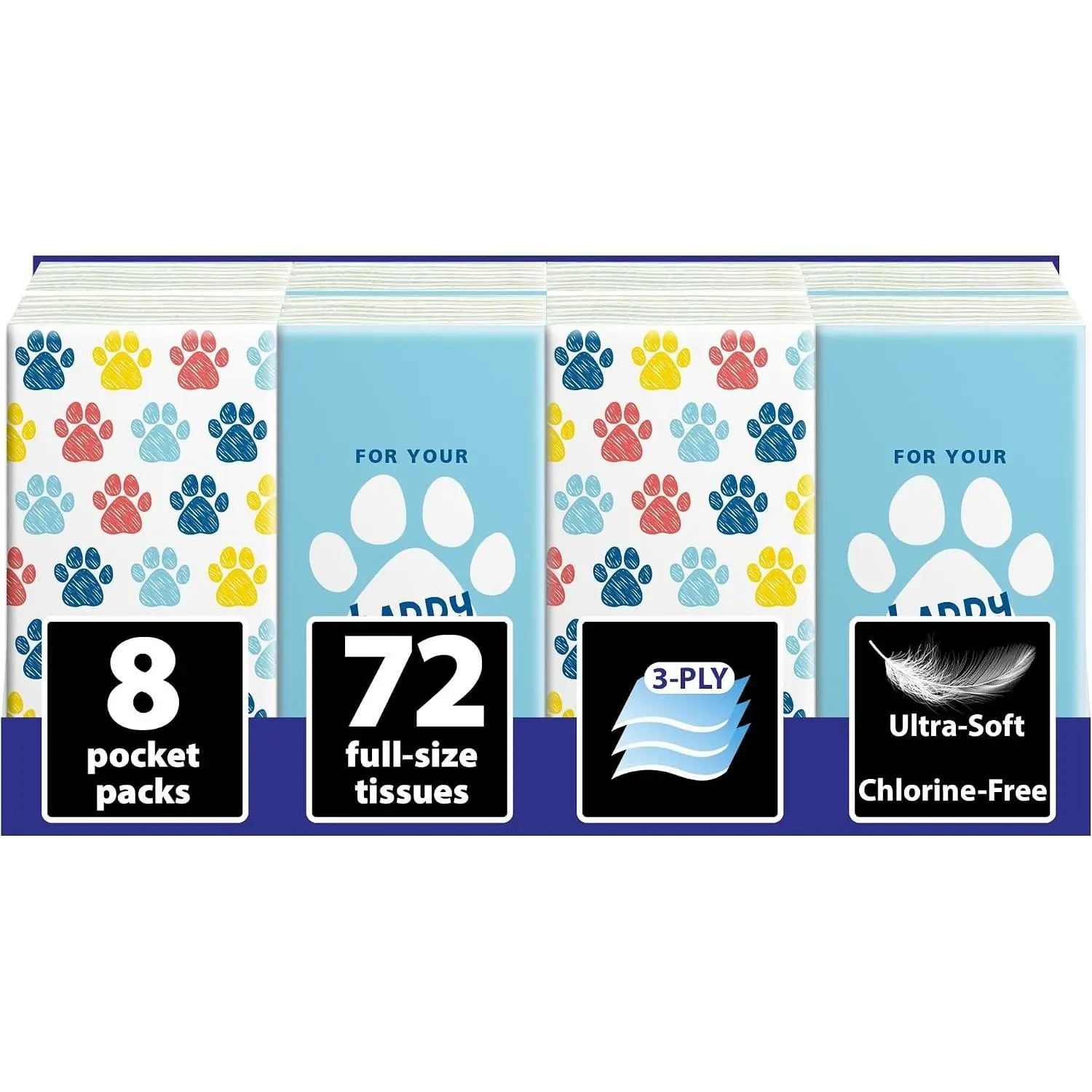 Travel Tissue Packs 8 Compact 3-Ply Packs 72 Total Soft Chlorine-Free Facial Tissues for Purse Car School Gentle Durable Non-Bleach Playful Dog Design