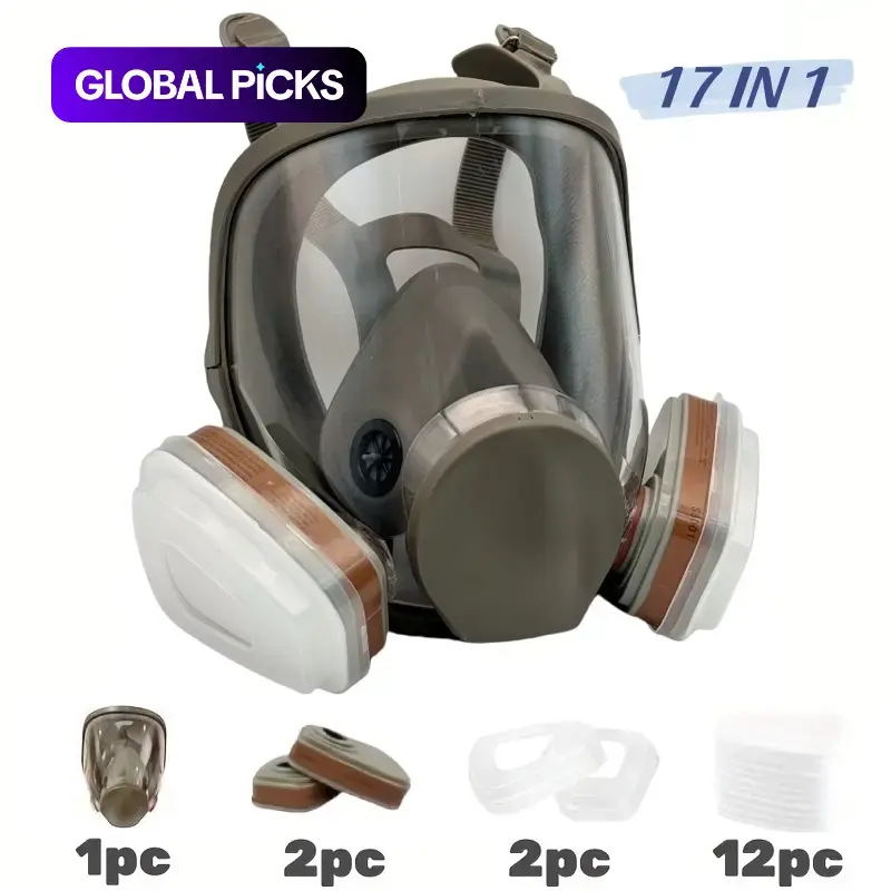 Reusable Full Face Mask with Filter Box, 17-in-1 Anti-Gas and Dust-Resistant Anti-Fog Full Face Mask Set for Painting, Woodworking, Construction, Grinding, Spraying and Chemicals