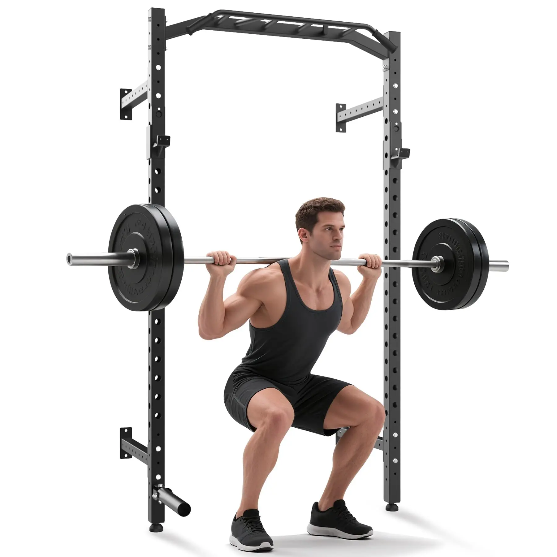 Garvee 1600LB Heavy Duty Wall Mount Power Rack, Commercial Home Gym Squat Rack with Pull Up Bar, J-Cups & Landmine Attachment, Space Saving Garage Strength Training Equipment Black Red
