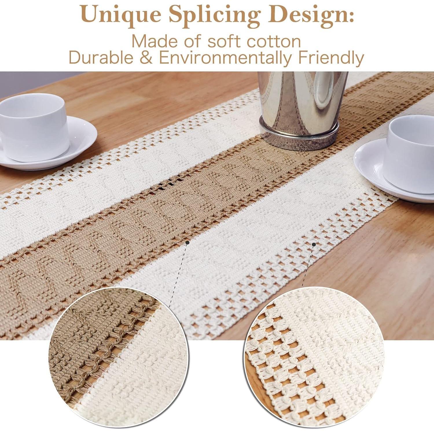 Natural Burlap Boho Table Runner 72" x 12" Macrame Table Runner Farmhouse Style Modern Farmhouse Decor Rustic Woven Cotton Fabric