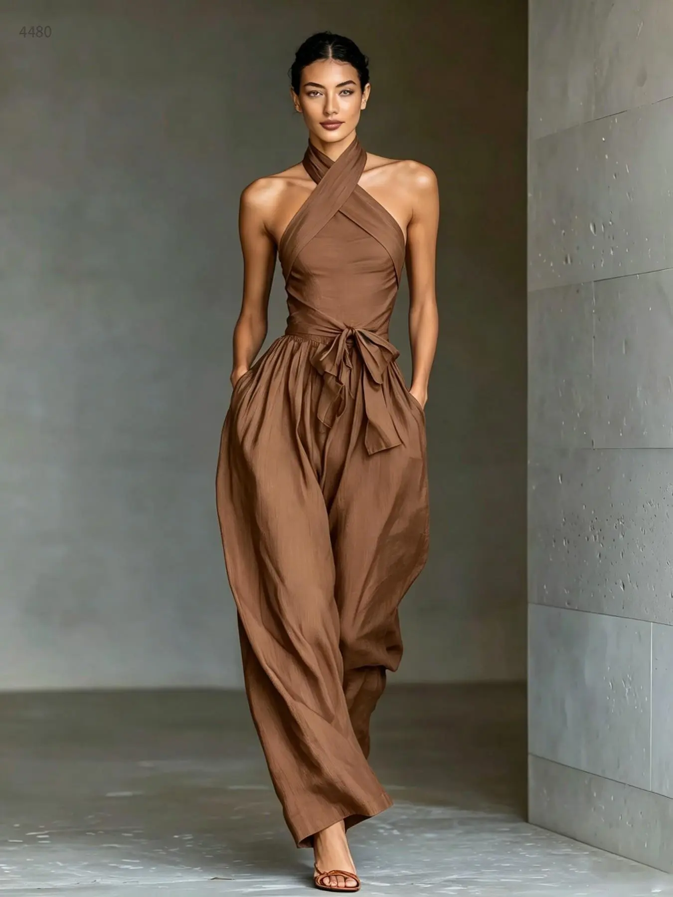C4480 Minimal Quiet Luxury Athleisure Co-Ord, Women Cross Halter Wrap Jumpsuit Self Tie Belt Hidden Pockets Clean Girl Daily Holiday Outfit.