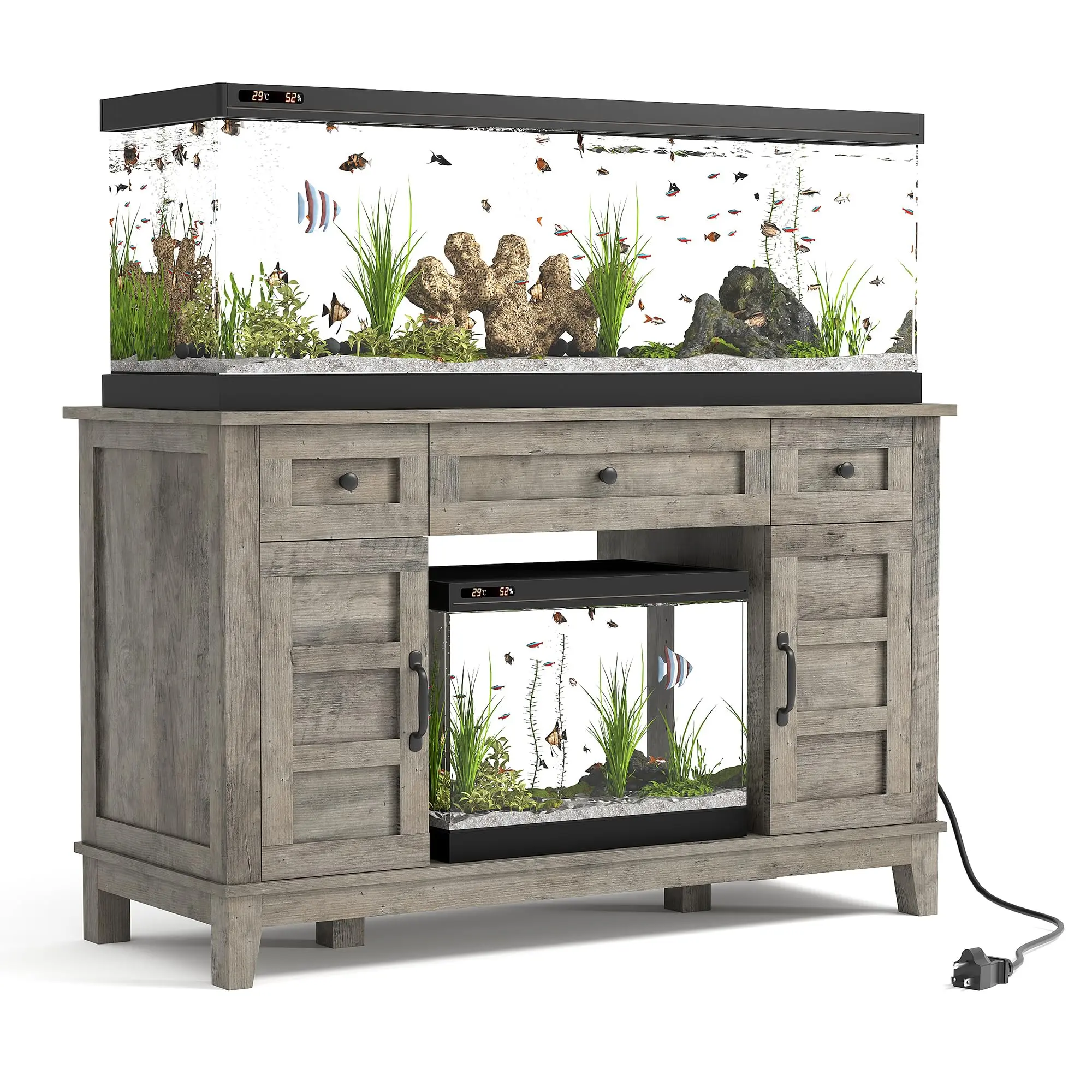 Farmhouse Aquarium Stand for 55-75 Gallon Tanks – Heavy Duty 1400LBS Cabinet, Double Doors, Three Drawers, Built-in Power Outlet – Versatile Storage for Living Room