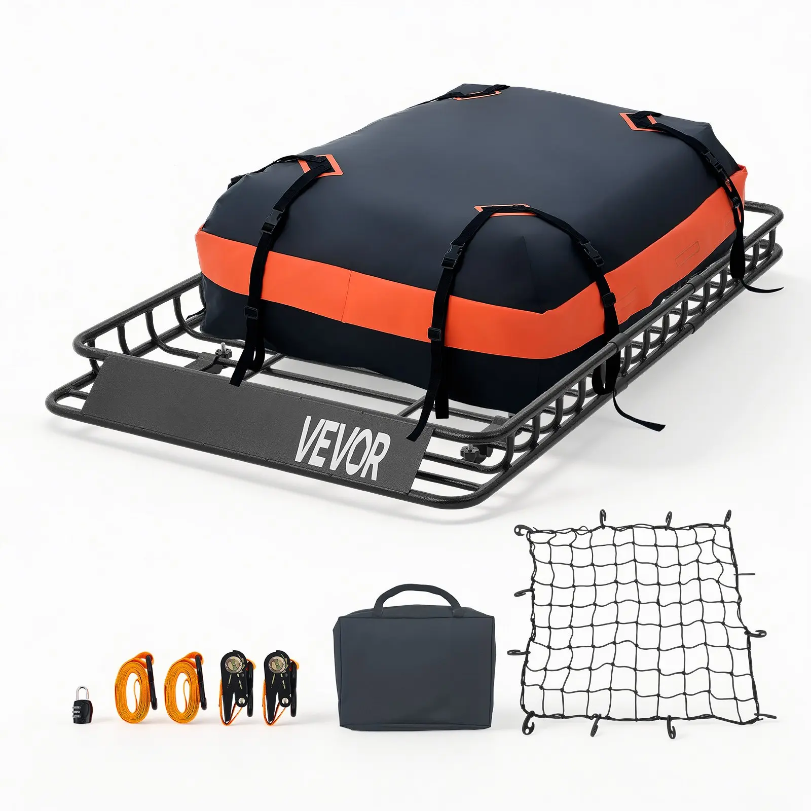 VEVOR Q195 Steel Roof Rack Cargo Basket, XH54×34×4 in, Heavy-Duty Universal Car Top Luggage Holder with Waterproof Bag, Cargo Net, Ratchet Straps, 200lb Capacity, for SUV, Truck