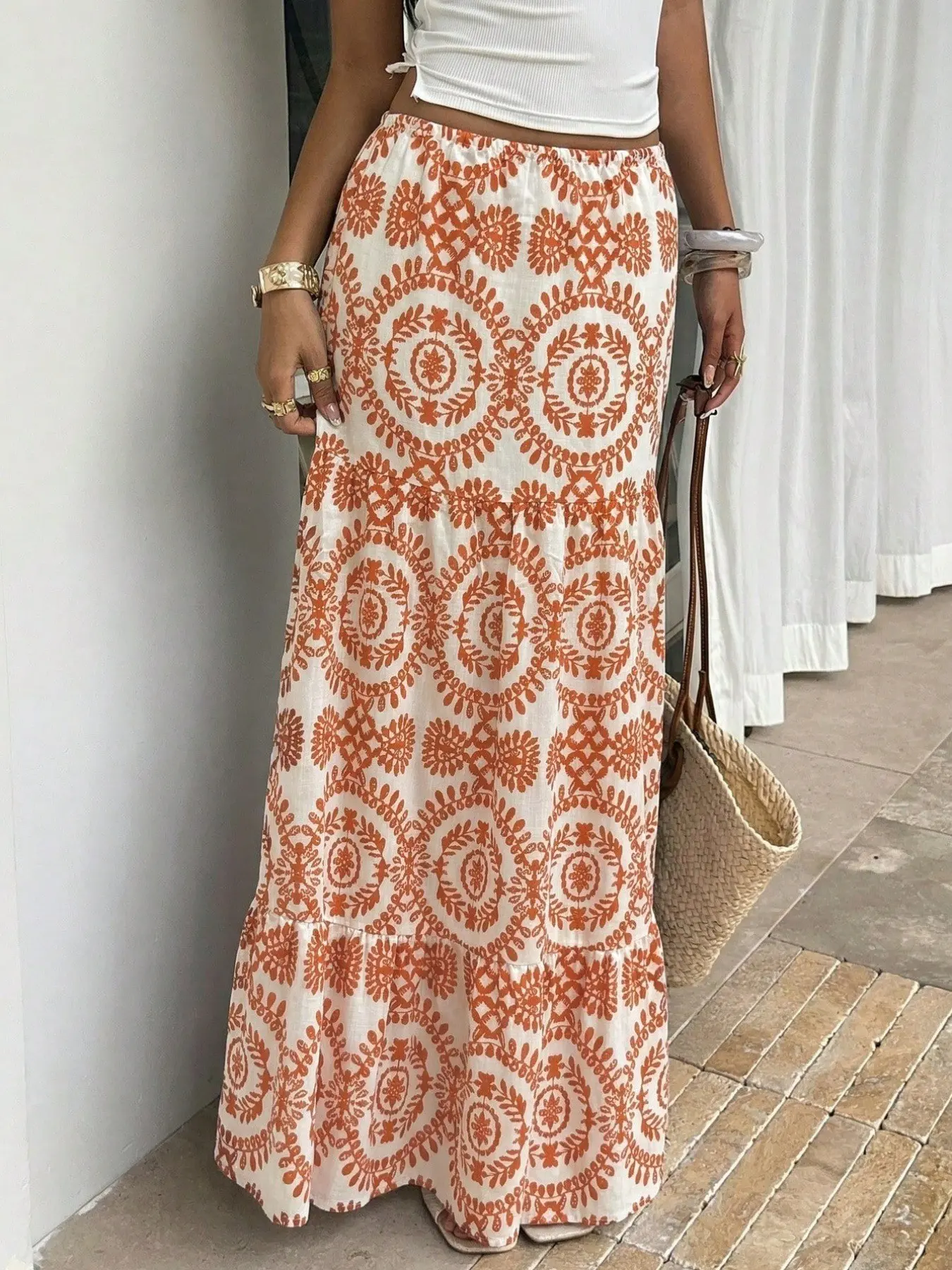 Boho High-Waisted Long Maxi Dress, Elastic Waist, Loose Fit, Breathable, Ethnic, Ideal for Holidays, Beach Parties, Daily Wear, Skirt