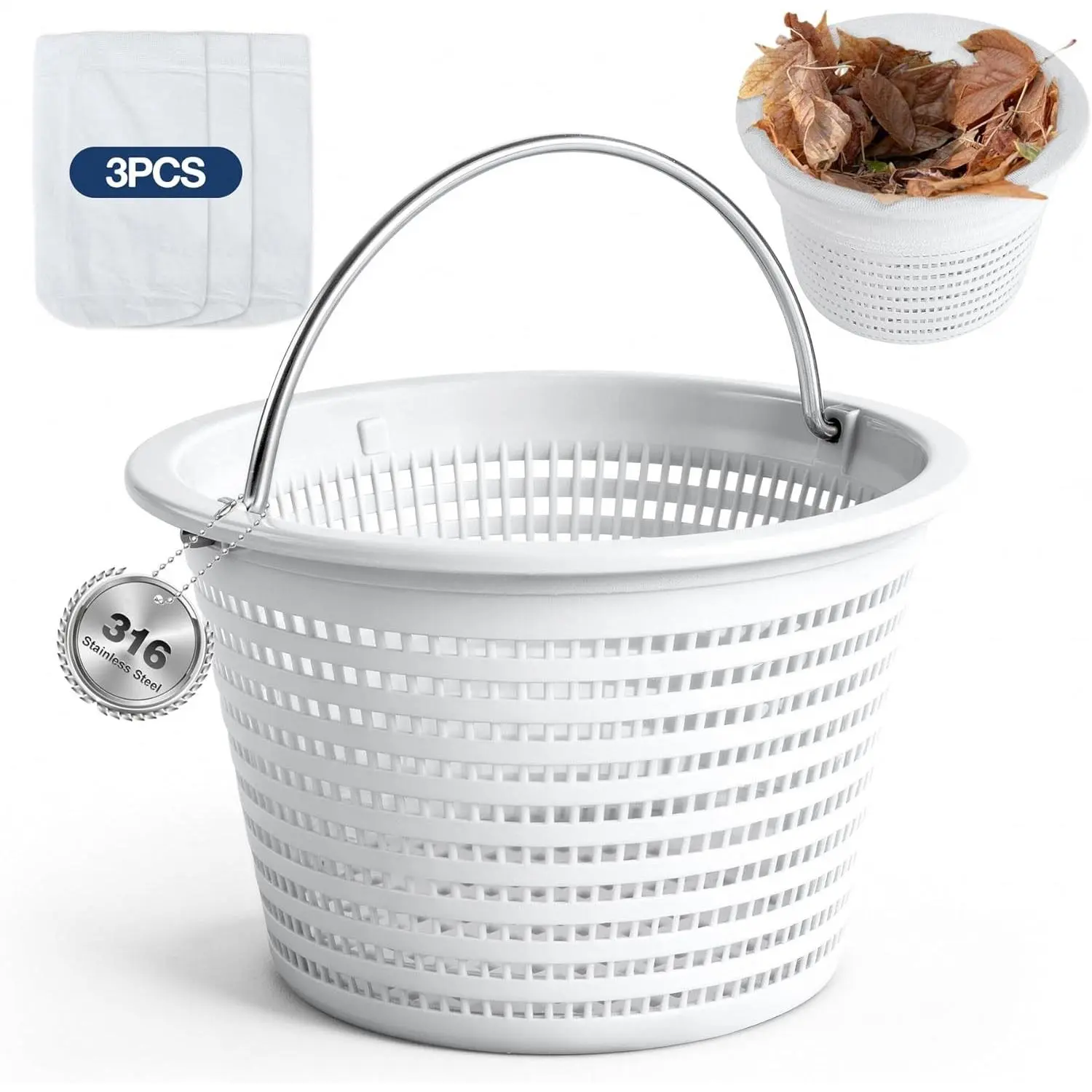 8" Pool Skimmer Basket for Inground Pool with 3 Skimmer Socks & 316 Stainless Steel Handle, Weighted Skimmer Basket Replace for Pentair U-3 Pool Basket and Hayward SP1070 Pool Filter Basket
