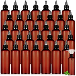 Squeeze Bottle Twist Top Applicator Empty Hair Oiling Bottle with Funnels Refillable Plastic Liquid Containers for Hair Oil Shampoo Lotion 3.4 oz Amber 24 Pcs