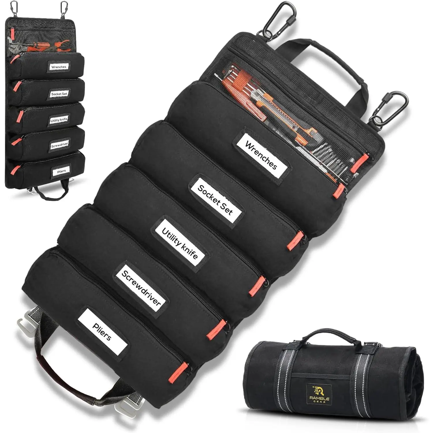 Roll up tool bag with Carabiners - 5 Large Oversized Pockets with Labels-Tool roll bag organizer - Canvas foldable tool Bag organizer| Tool organizer bag for Mechanic, Electrician & more