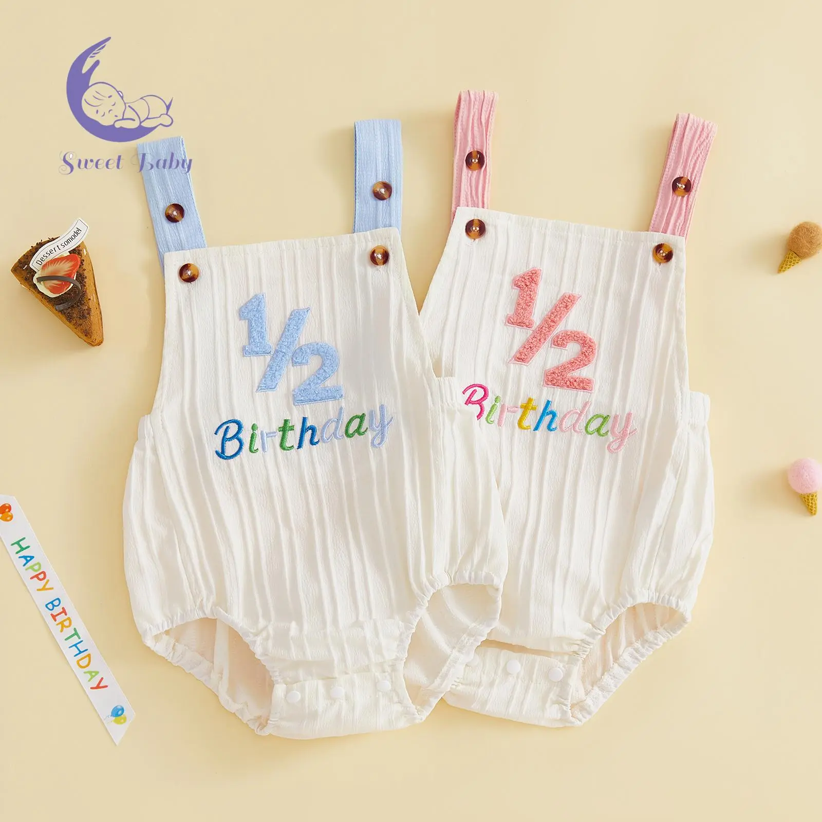 Infant Baby Half Birthday Romper Fashionable 1/2 Embroidery Sleeveless Summer Jumpsuit