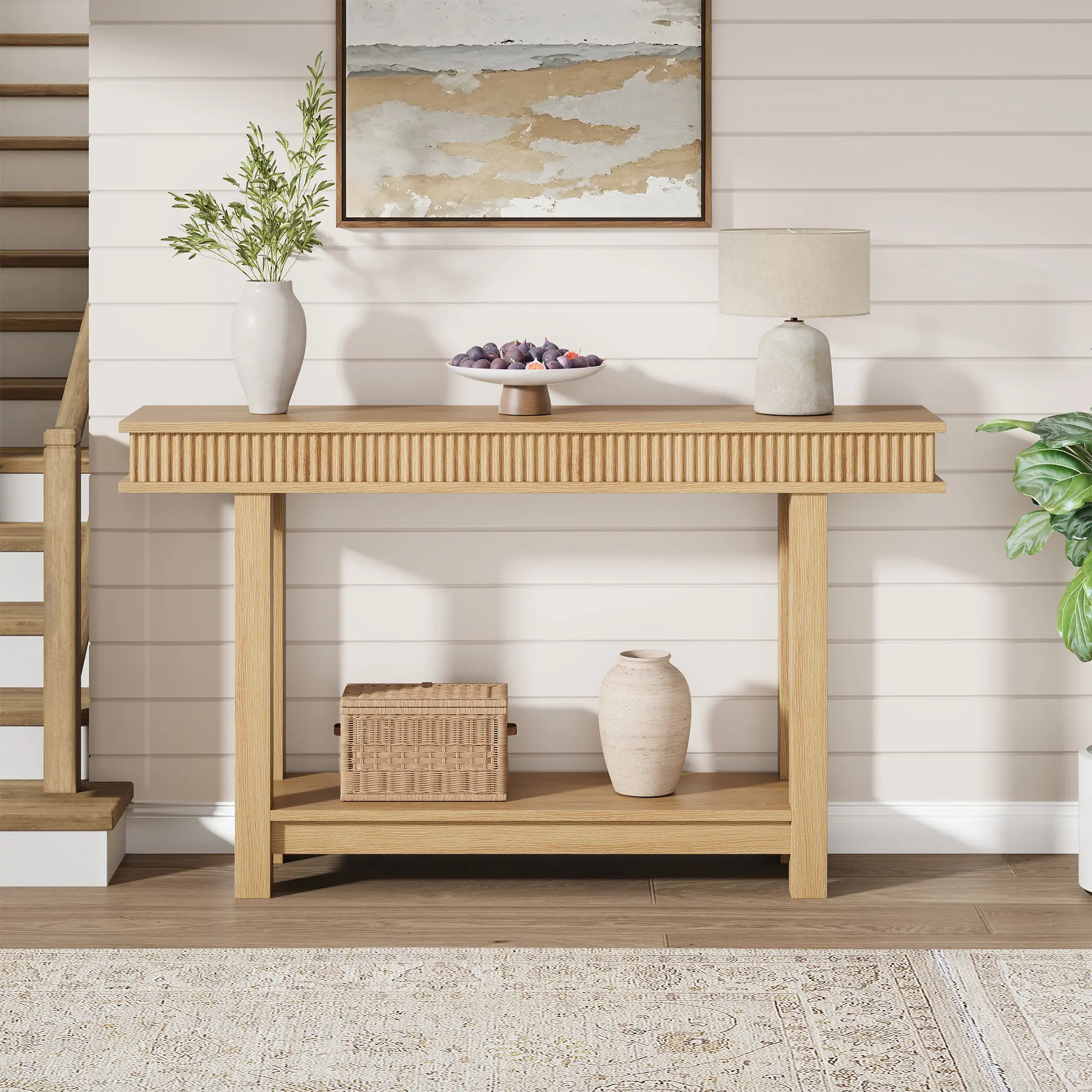 🏡 Garvee 55" Farmhouse Fluted Console Table – 2-Tier Wooden Entryway Table with Shelf Storage, H-Shaped Base. Perfect for Hallway, Living Room & Behind Couch! ✨