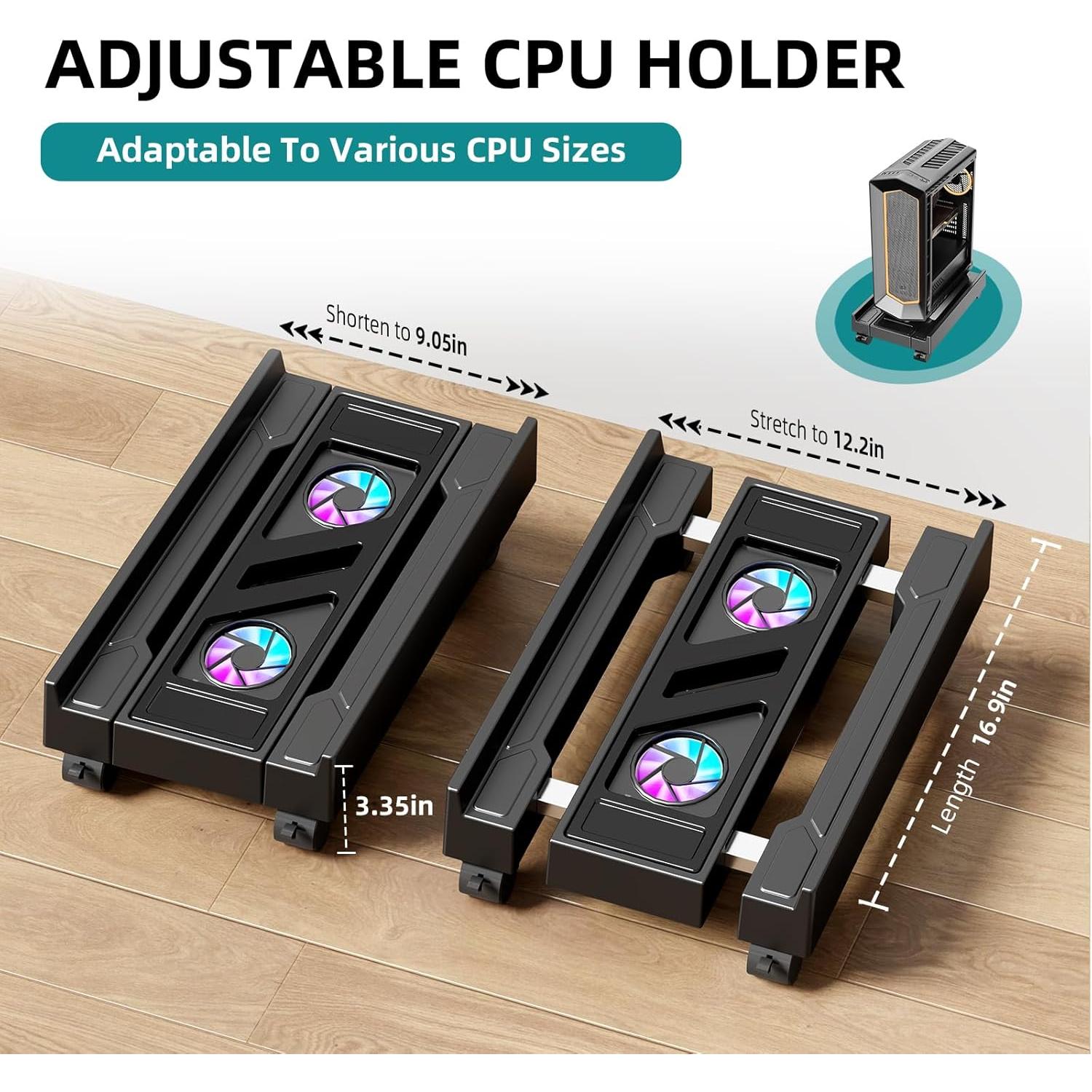 Adjustable  Tower Stand with Cooling Fan, Mobile CPU Holder with 4 Rolling Casters, Under Desk CPU Bracket PC Floor Cart PC Riser for Office,  and Classroom. (Fan version)