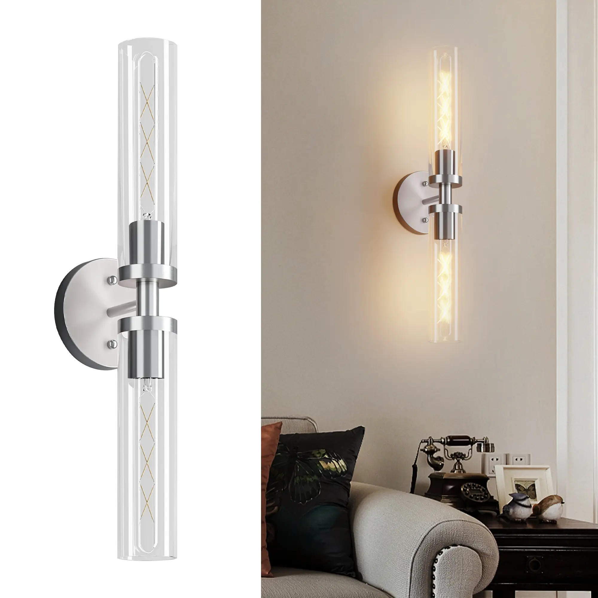 Modern Clear Glass Wall Sconces Set of 2, Hardwired Wall Light Fixtures for Bathroom Vanity, Bedroom & Hallway, Bulbs Not Included