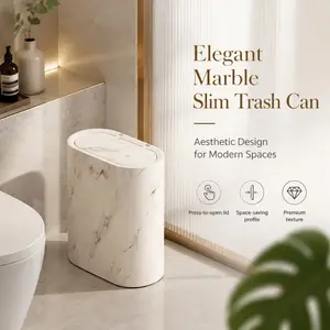 Marble Texture Slim Press Top Trash Can, Narrow Space Saving Bathroom Waste Bin with Press Lid, Modern Aesthetic Garbage Can for Restroom & Vanity Corner