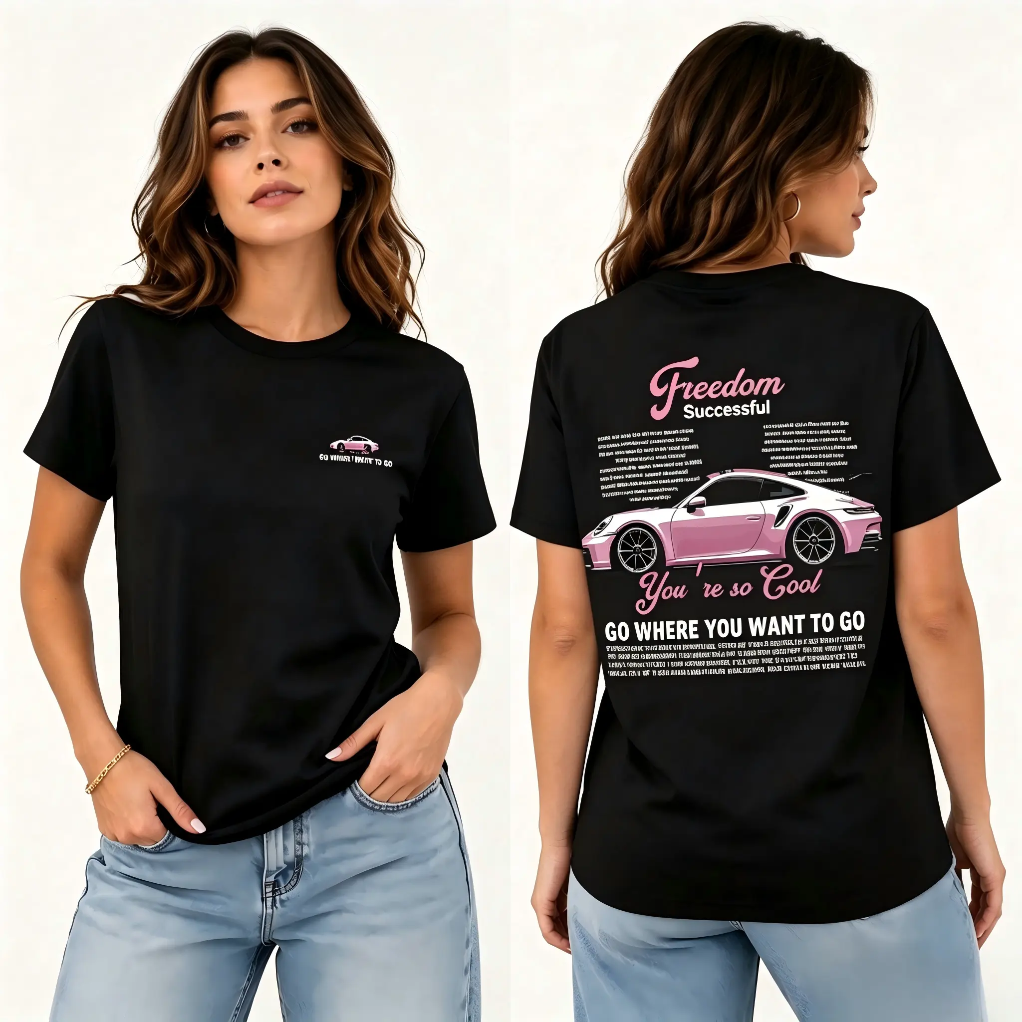 Freedom Successful Pink Sports Car Double Sided Tiny Porsche Chest Large Back Motivational Text Graphic Daily Casual Luxury Car Outfit For Car Lovers Drive Freedom Tee Sports Car Top pink porsche shirt freedom drive tee luxury car apparel