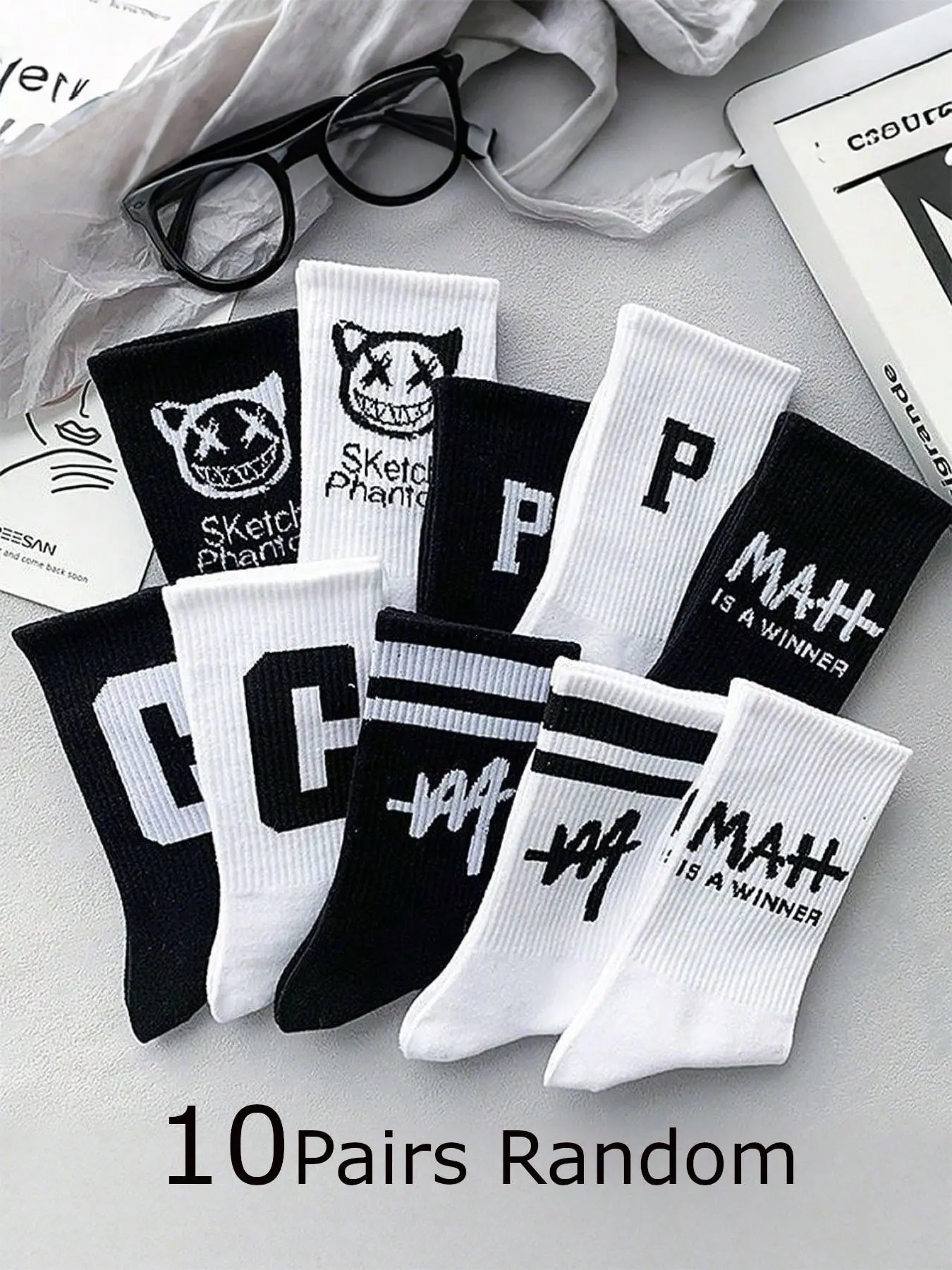 10 Pairs Men's Crew Socks, Letter Print, Breathable Moisture-Wicking, Casual Street Style, All-Season Wear