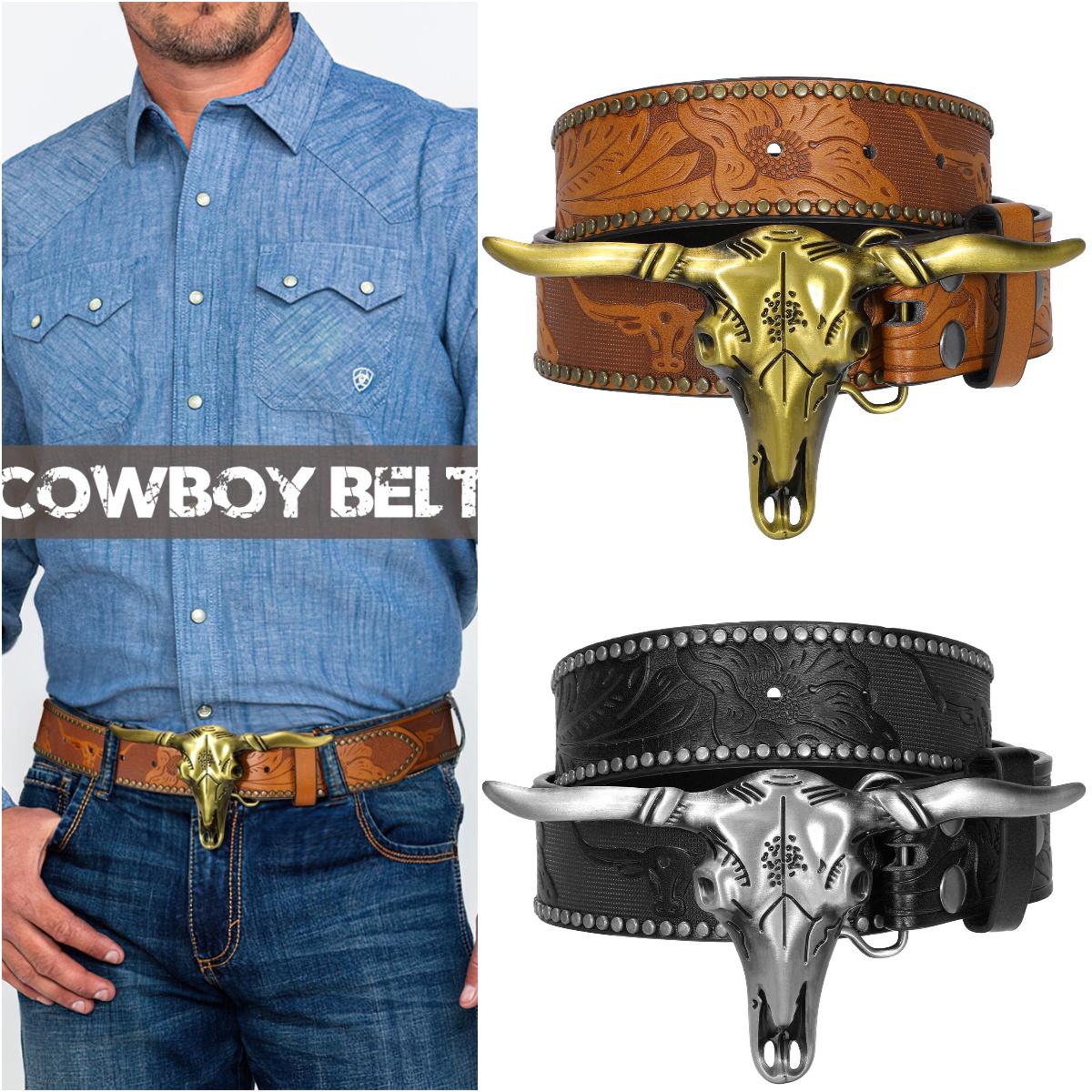 XZQTIVE Western Cowboy Cowgirl Belt for Men and Women Engraved Floral Longhorn Bull Cow Skull Western Leather Buckle Belt for Men Women Floral Engraved Cowboy Belt for Jeans Longhorn Bull Buckle Waist Belt,L Western Brown Leather Print Belt with Buckle