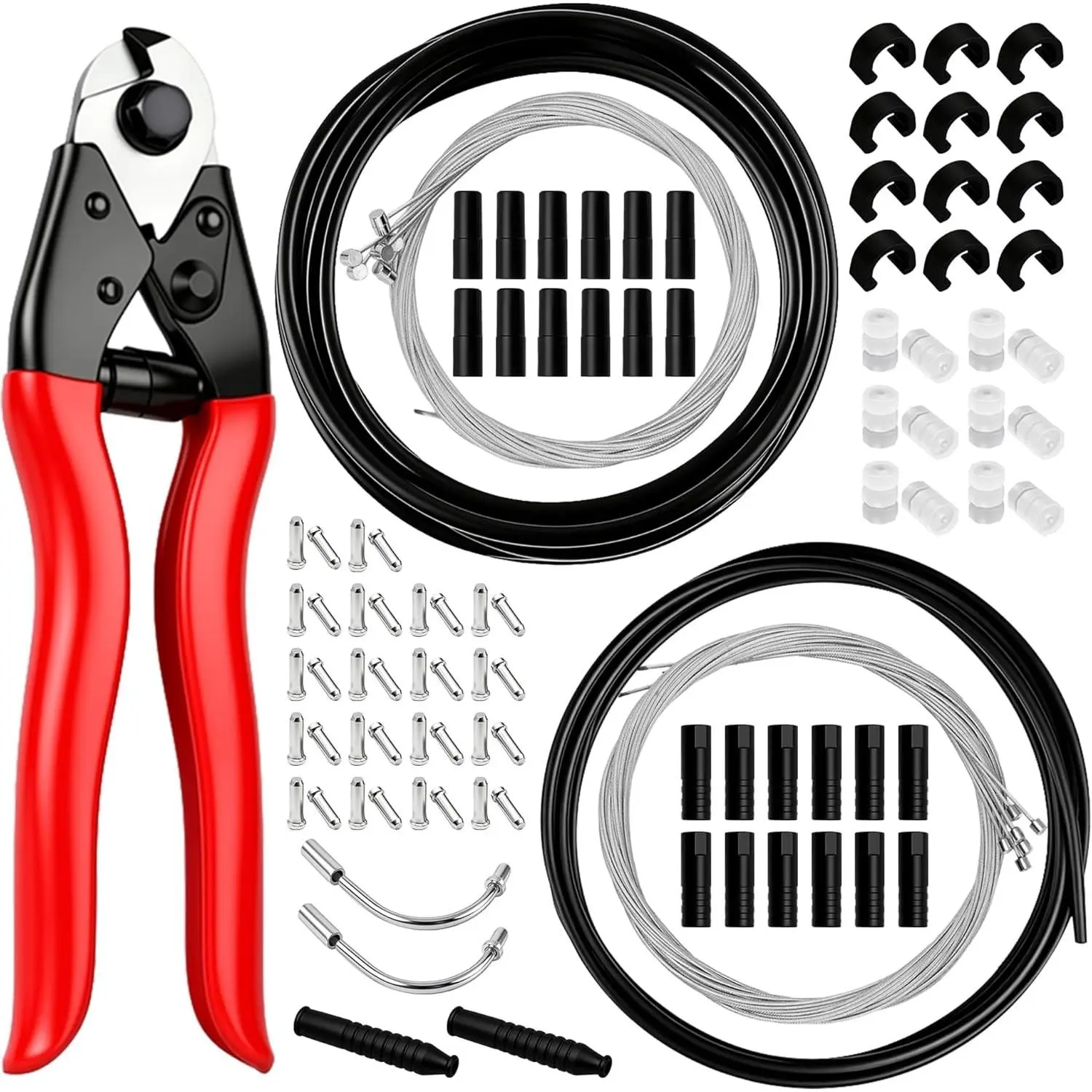 103PCS Universal Bike Brake Cable Kit with Stainless Steel Cable Cutter, Brake & Shifter Cable for Mountain Road Bicycle Repair, comes with Cable End Caps, C Buckles, V Brake Cable Guide Inside