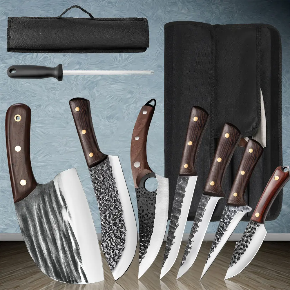 Butcher Knife Set for Meat Cutting, High Carbon Steel Hand Forged Chef Knife Set with Roll Bag, Professional Handmade Kitchen Knives for Kitchen or Restaurant