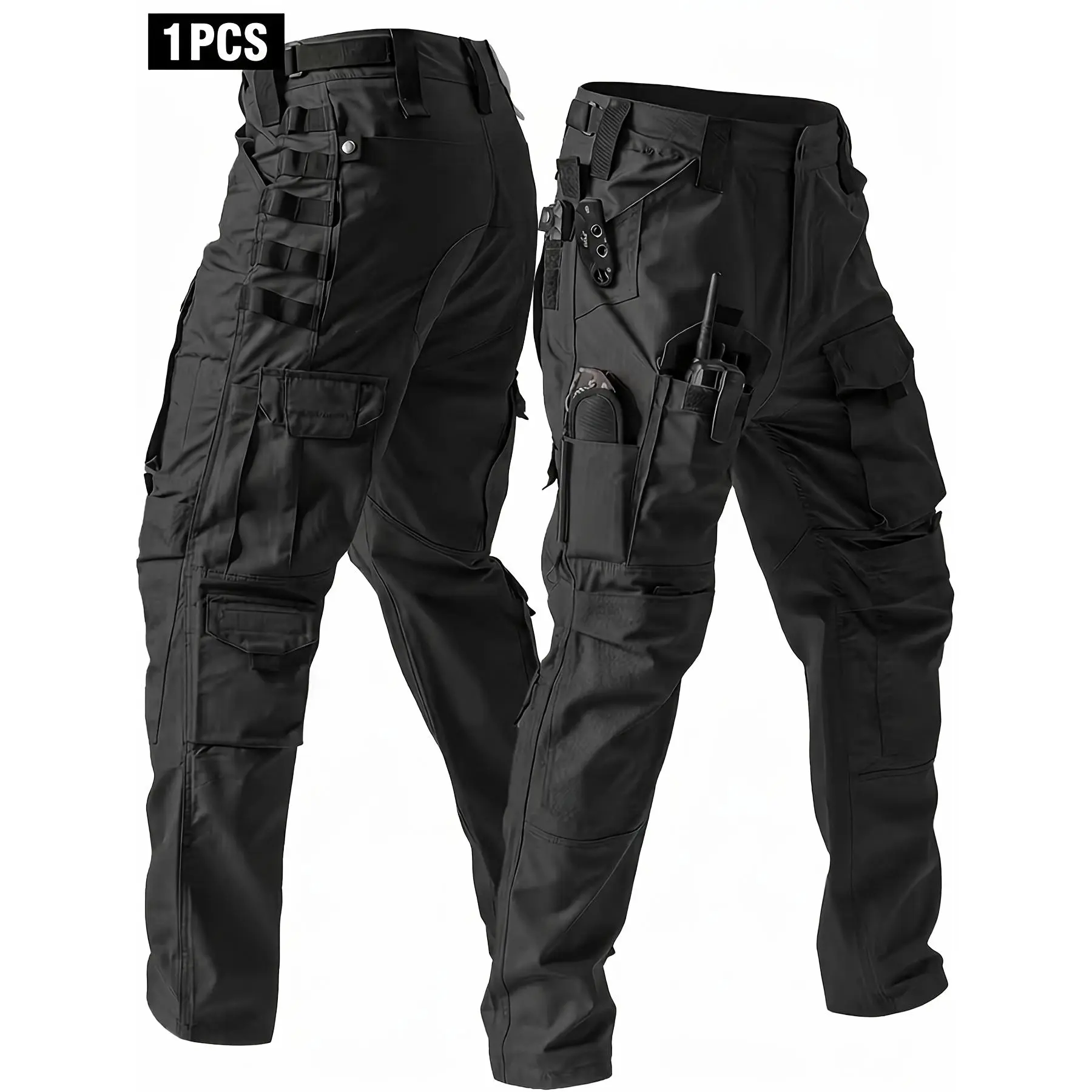 Menswear Male Clothing Military-Inspired Multi-Pocket Utility Basics Men's Mid-Waist Polyester Blend Cargo Pants - Outdoor Tactical Work Trousers for Hiking, Camping, Solid Color Regular Fit with Flap, Tool Pockets, Reinforced Knees, Ripstop Flex Baggy