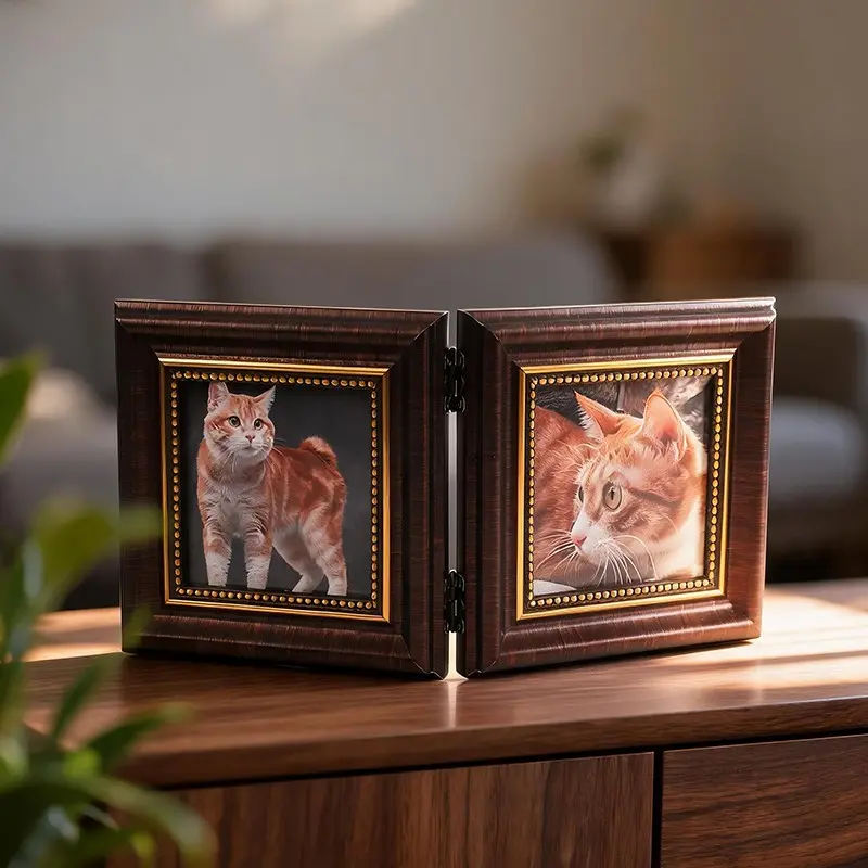 Vintage Plastic Hinge 4x4 Inch Photo Frame, Personalized Foldable Twin Desktop Photo Decorative Frame, Home Living Room Desk Pet Photo Display Frame