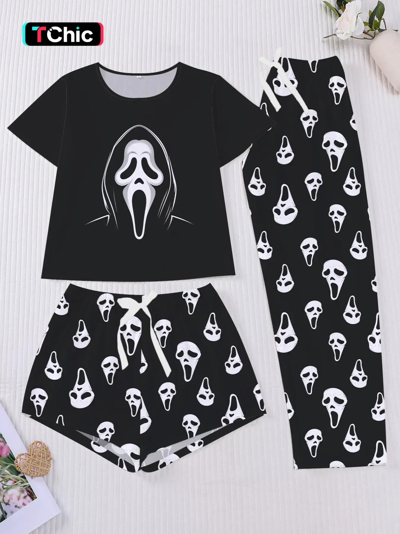 Halloween Pajama Set, 3-Piece Ghost Print Women's Sleepwear, Short Sleeve Round Neck Top, Elastic Shorts and Pants, Elegant Daily Wear, Nightwear Loungewear Set
