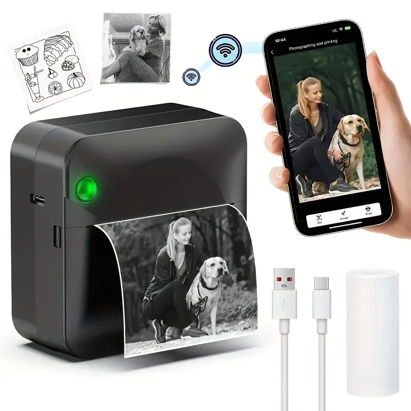 Micro Printer, Pocket Printer, Inkless Sticker Thermal Printer with 1 Roll of Thermal Paper, Wireless Portable Receipt Printer, Suitable for Photos, Diaries, Notes, and Memos