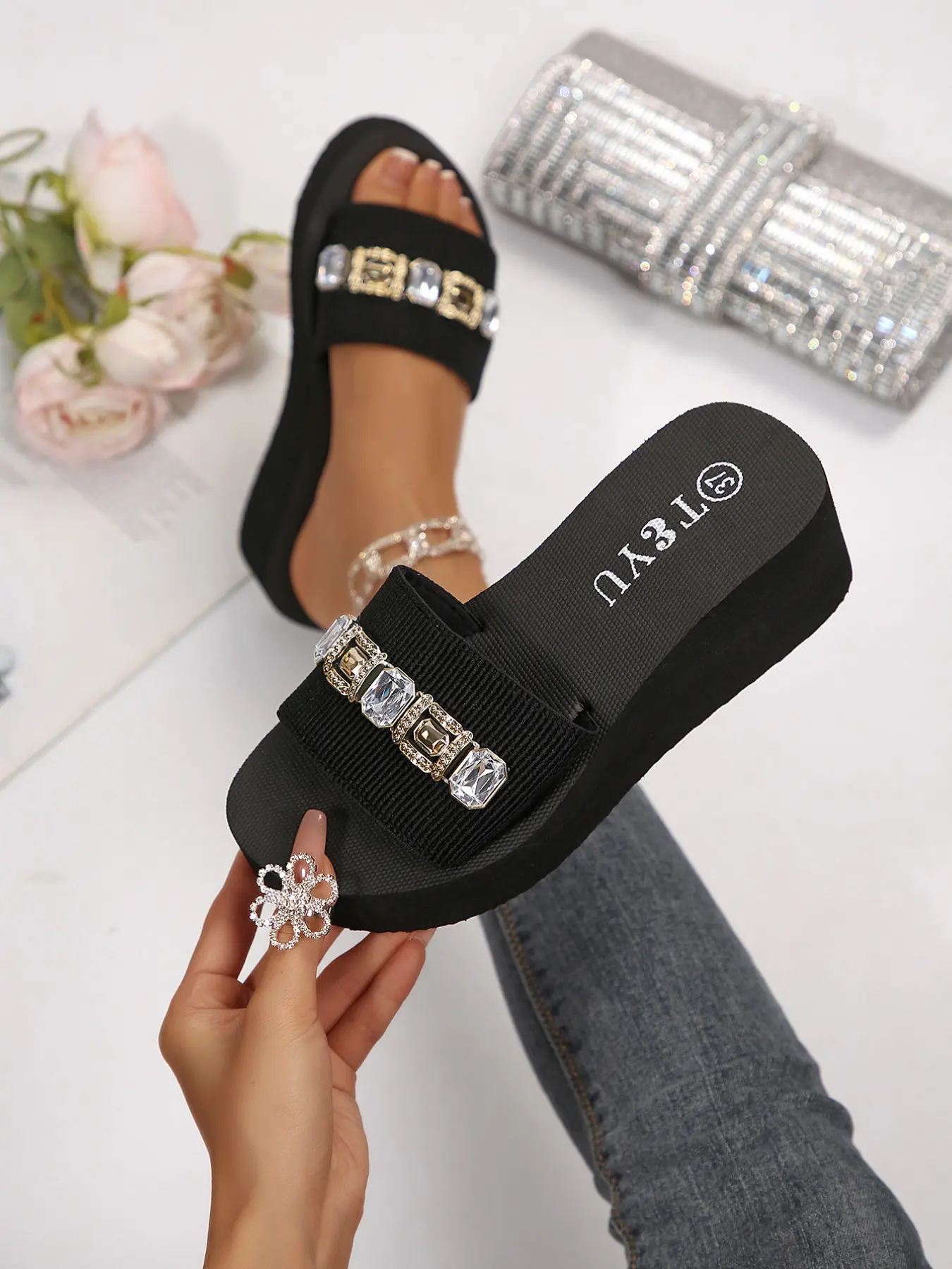 Women's Platform Wedge Fashionable Slide Sandals, Multi Decor Options, Big Colorful Rhinestone, Leaf Crystal, Pearl Rhinestone & Metal Floral One Strap Slides, Light Comfort Durable Open Toe Boho Summer Beach Shoes for Vacation, Club & Daily Casual Wear-