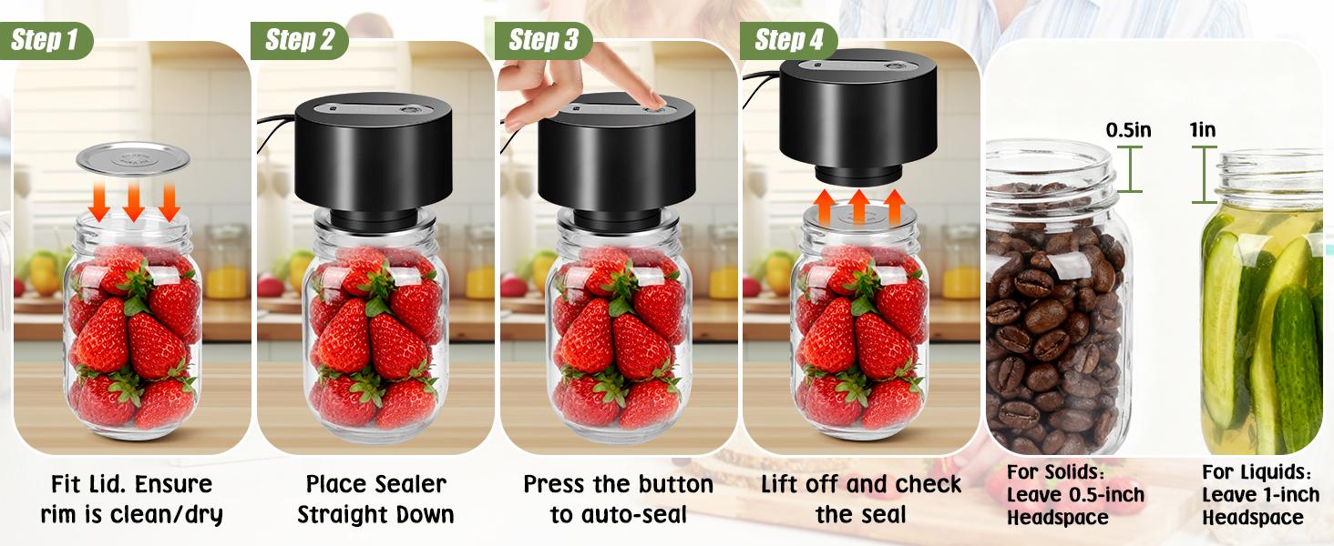 Electric  Mason Jar Vacuum Sealer Kit, Automatic Stop Sealing Machine for Food Storage, Cordless Jar Sealer Compatible with Wide and Regular Mouth Mason Jars, Bags & Containers, 680+ Uses