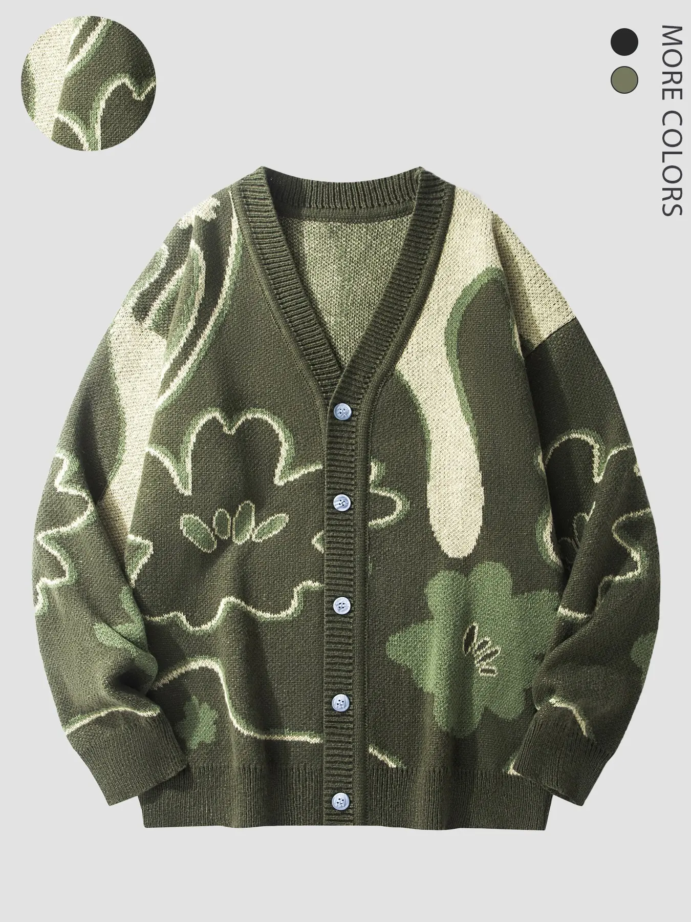 Unisex Floral Cardigan, V-Neck Knit Sweater, Fall & Winter Fashion, Fitted Long Sleeve Outerwear, Casual Street Style, Knitwear