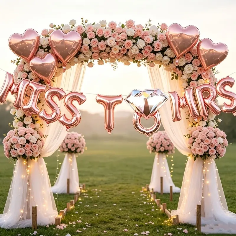 Rose Gold Bachelorette Party Balloon Set 16Pcs, 16in Miss To Mrs Letter Balloon, 5Pcs 18in Heart & Ring Foil Balloons, Comes with Ribbon and Straw, Perfect for Proposal, Engagement, Wedding, Bridal Shower, Christmas, Lawn & Room Photo Backdrop Decor