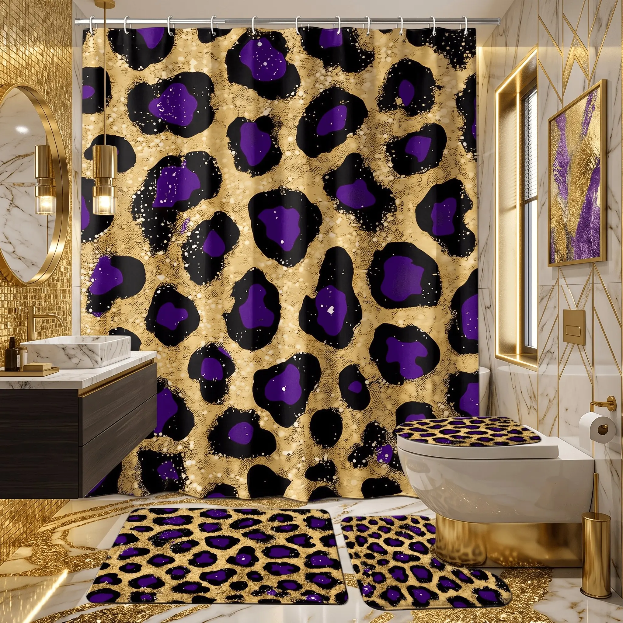 4pcs Leopard Bathroom Decor Set, Cheetah Print Modern Shower Curtain, Luxurious Animal Spot Bath Mats, Shower Curtain Set With Rugs, Halloween Christmas Gift