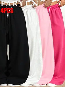 FARYUN High-Waisted Wide-Leg Pants, Elastic Waist, Bubble Texture Fabric, Drawstring, Casual Loose Fit, All-Season Daily Wear