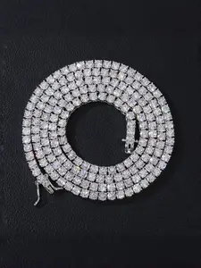 Hip Hop Unisex Tennis Chain Alloy Full Rhinestone Shiny Daily Fashion Bracelet Necklace, Silver Color Simple Versatile Jewelry Chain Necklaces